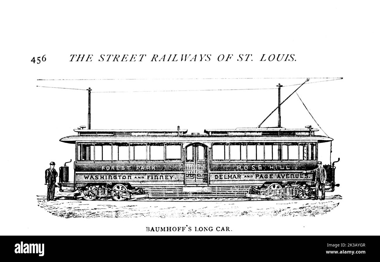 Long car de Baumhoff de l'article LES CHEMINS DE FER DE RUE DE ST. LOUIS, Missouri par William H. Bryan, M. E. du magazine Engineering CONSACRÉ AU PROGRÈS INDUSTRIEL Volume VIII avril à septembre 1895 NEW YORK The Engineering Magazine Co Banque D'Images