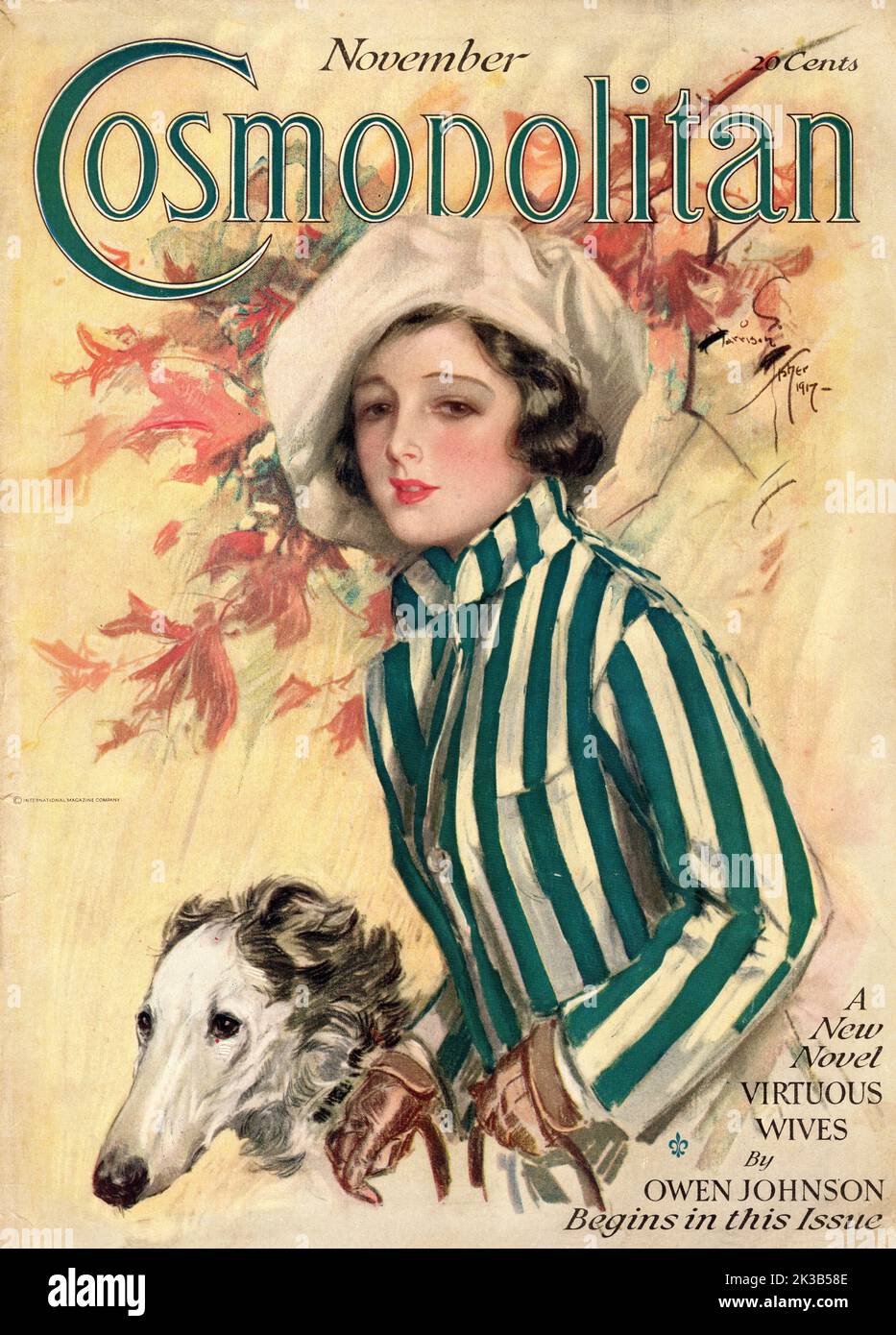 Magazine Cosmopolitan couverture novembre 1917. Portrait d'une femme à la mode peint par Harrison Fisher Banque D'Images