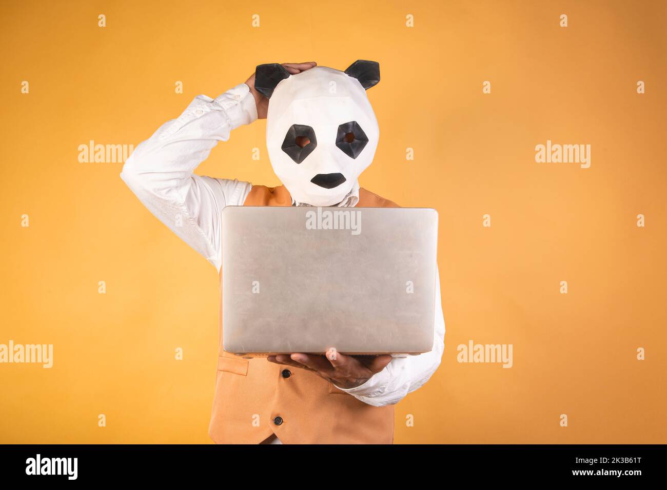 Portrait d'un homme d'affaires mécontent avec une tête d'animal à l'aide d'un ordinateur portable Banque D'Images