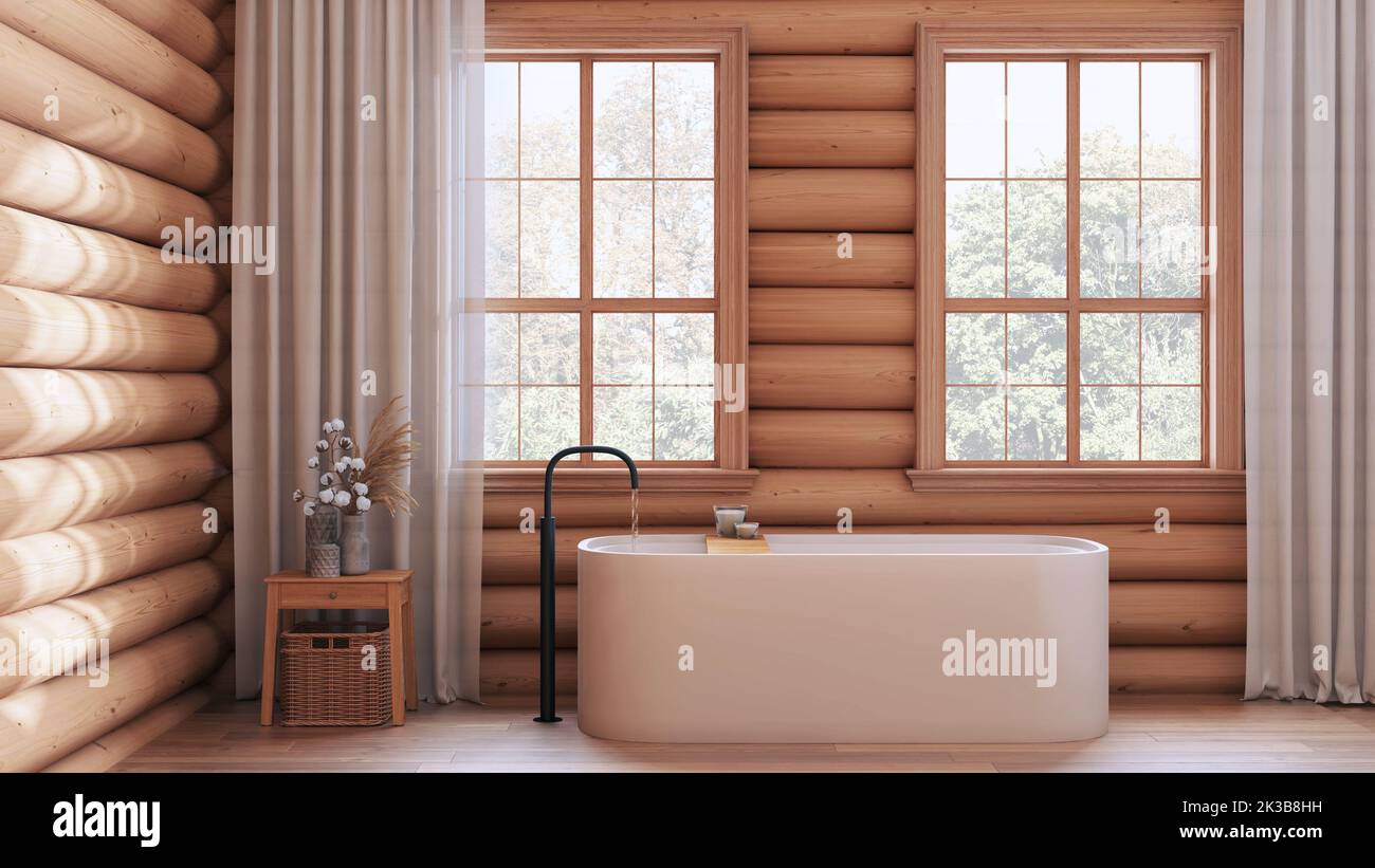 Chalet en bois de ferme dans des tons blancs et beiges. Salle de bains ancienne avec baignoire, fenêtres panoramiques, décoration intérieure rustique Banque D'Images