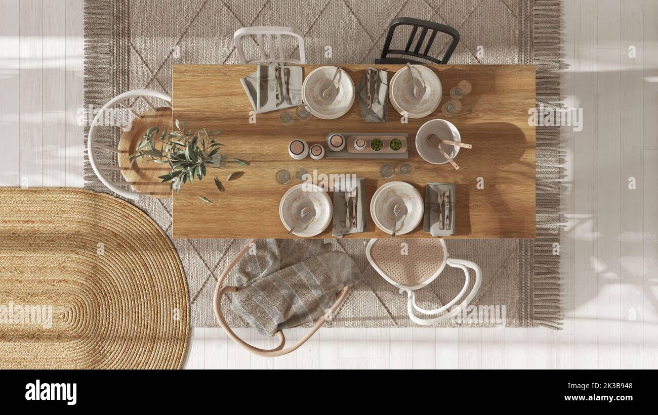 Table à manger en bois de campagne avec table dans les tons blanc et beige.moquette jute. Décoration intérieure boho scandinave. Vue de dessus, plan, ci-dessus Banque D'Images