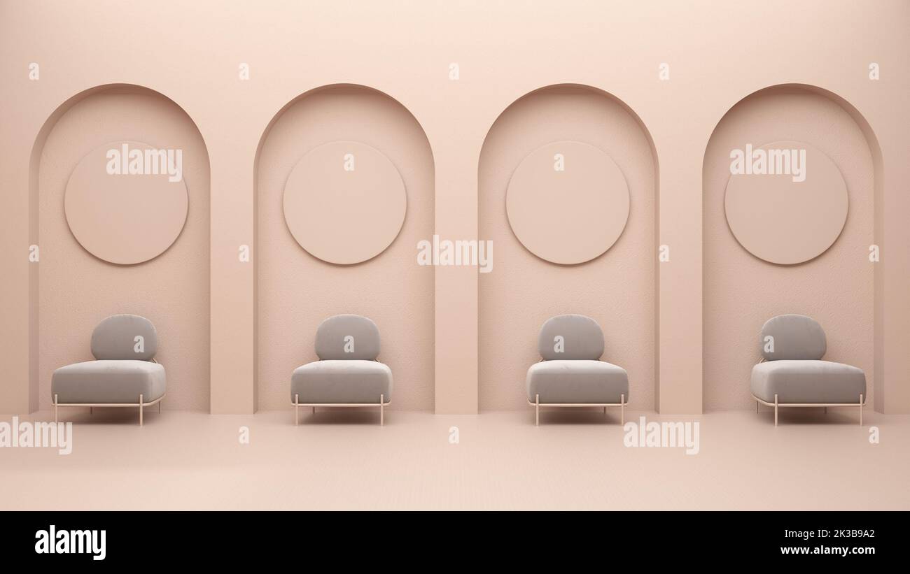 Couleur beige pastel, design d'intérieur abstrait métaphysique. Séjour plat, salle d'attente et salon avec fauteuils, niche voûtée. Concept de symétrie, Banque D'Images
