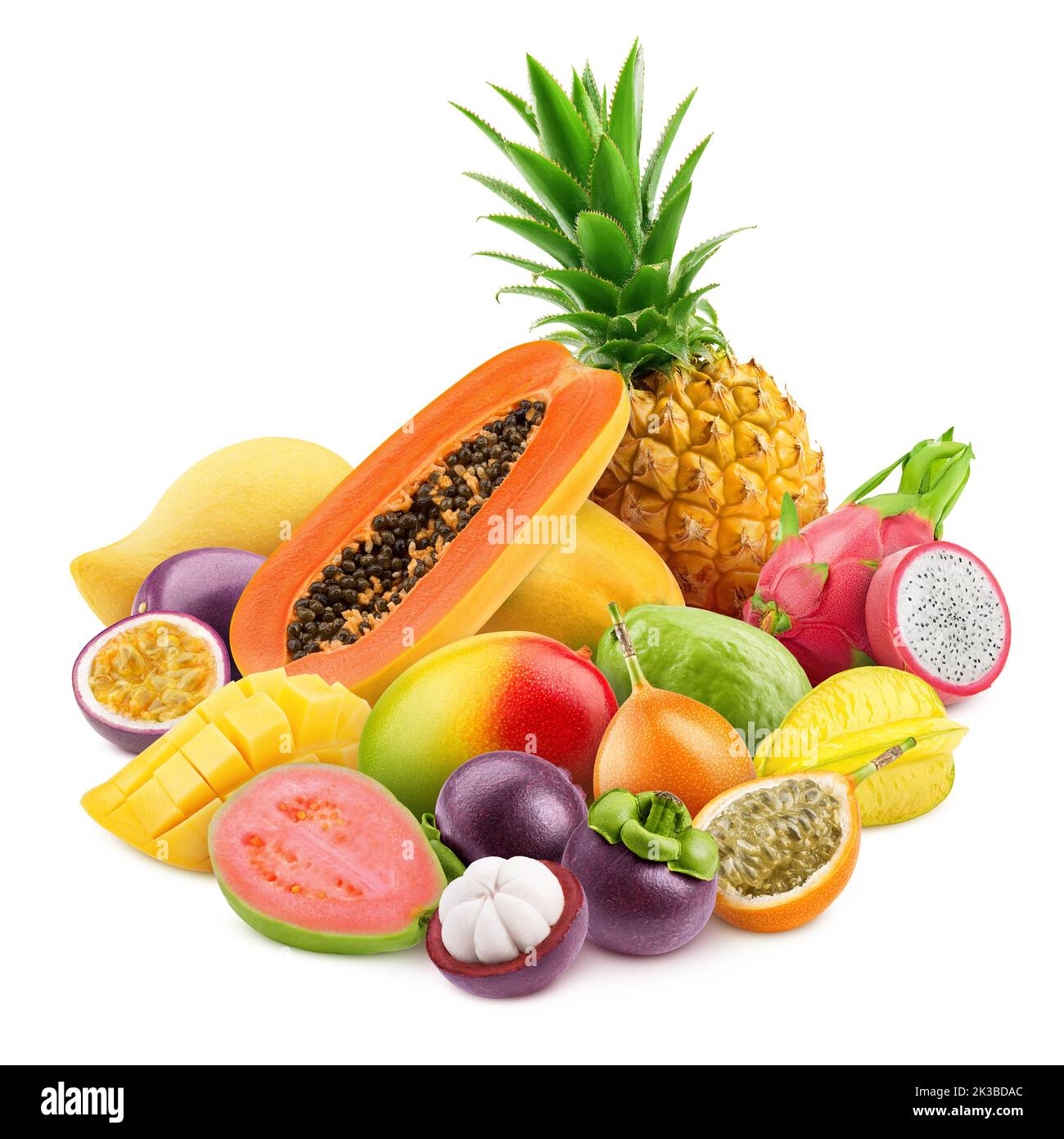 fruits tropicaux, ananas, papaye, mangousteen, fruit dragon, fruit de passion, mangue, carabole, goyave, granadilla, isolé sur fond blanc, clip Banque D'Images