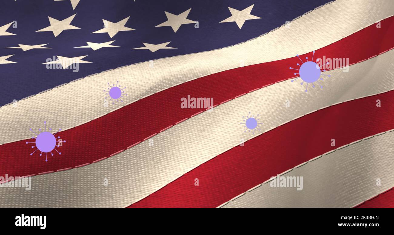 Image de cellules virales se déplaçant au-dessus du drapeau des états-unis d'amérique Banque D'Images