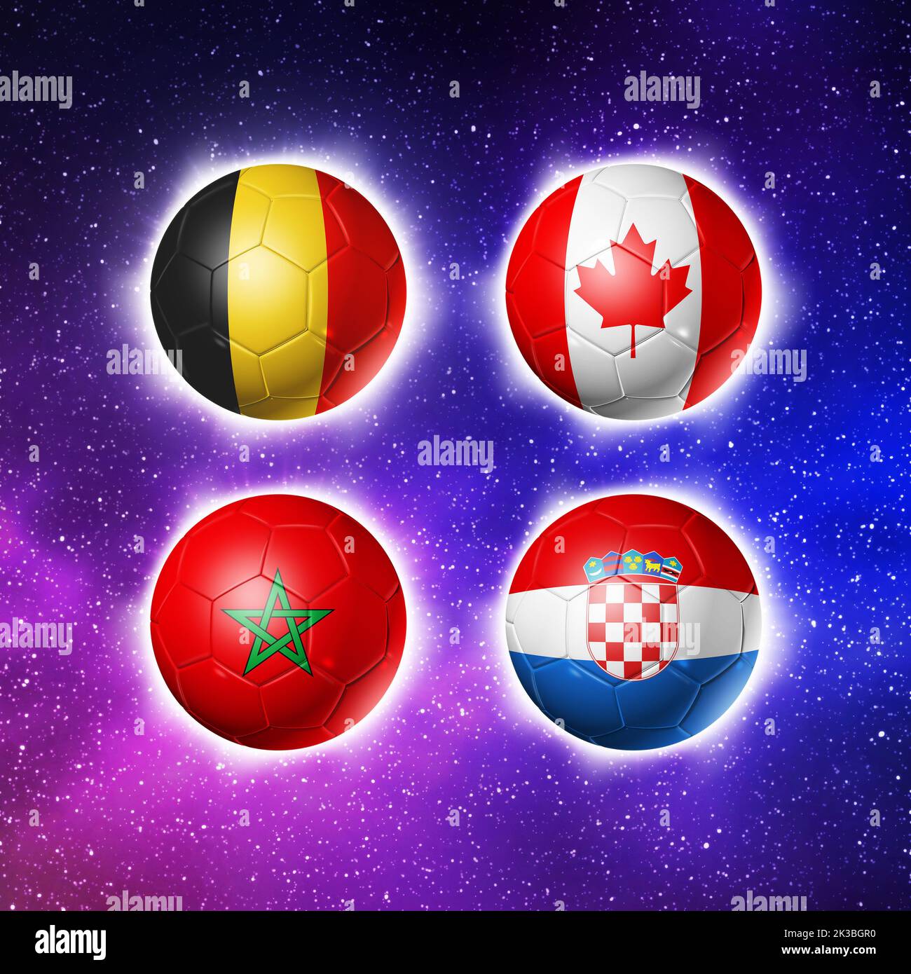 Ballons de football avec drapeaux des équipes du groupe F, concours de football Qatar 2022. 3D illustration. Arrière-plan ciel spatial Banque D'Images