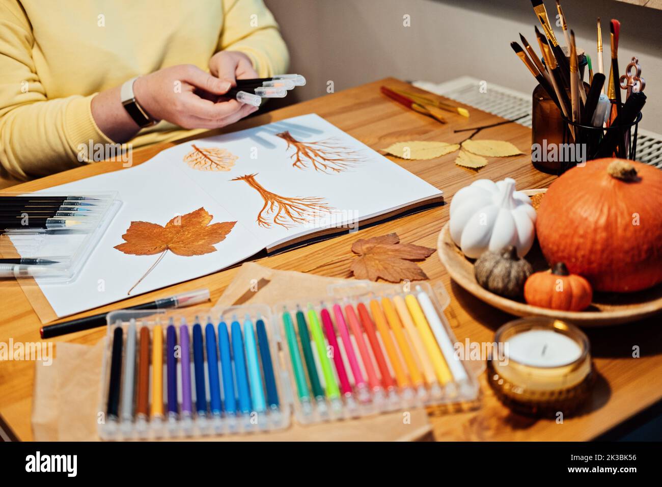 Art thérapie pour le rétablissement de la santé mentale, Making Art contribue à améliorer la santé mentale. Créativité et récupération. Portrait sans visage d'une femme dessinant l'automne Banque D'Images
