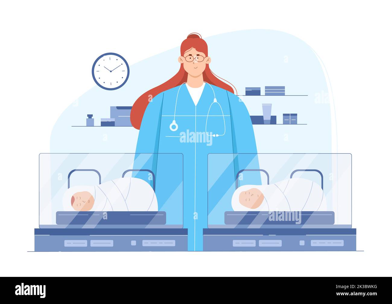 Illustration du vecteur hospitalier néonatal. Caricaturatologue debout près de l'incubateur de nouveau-nés avec des enfants en bas âge, médecin pédiatre examinant les petits garçons et les filles. Néonatologie, concept de garde d'enfants Illustration de Vecteur