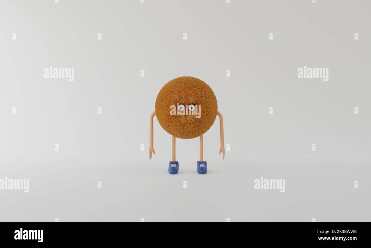 dessin animé monstre de cheveux bruns debout sur fond blanc.3d rendu. Banque D'Images