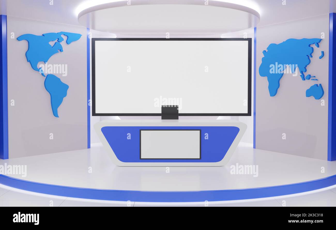 arrière-plan de table et d'écran lcd dans une salle de studio de nouvelles.3d rendu. Banque D'Images