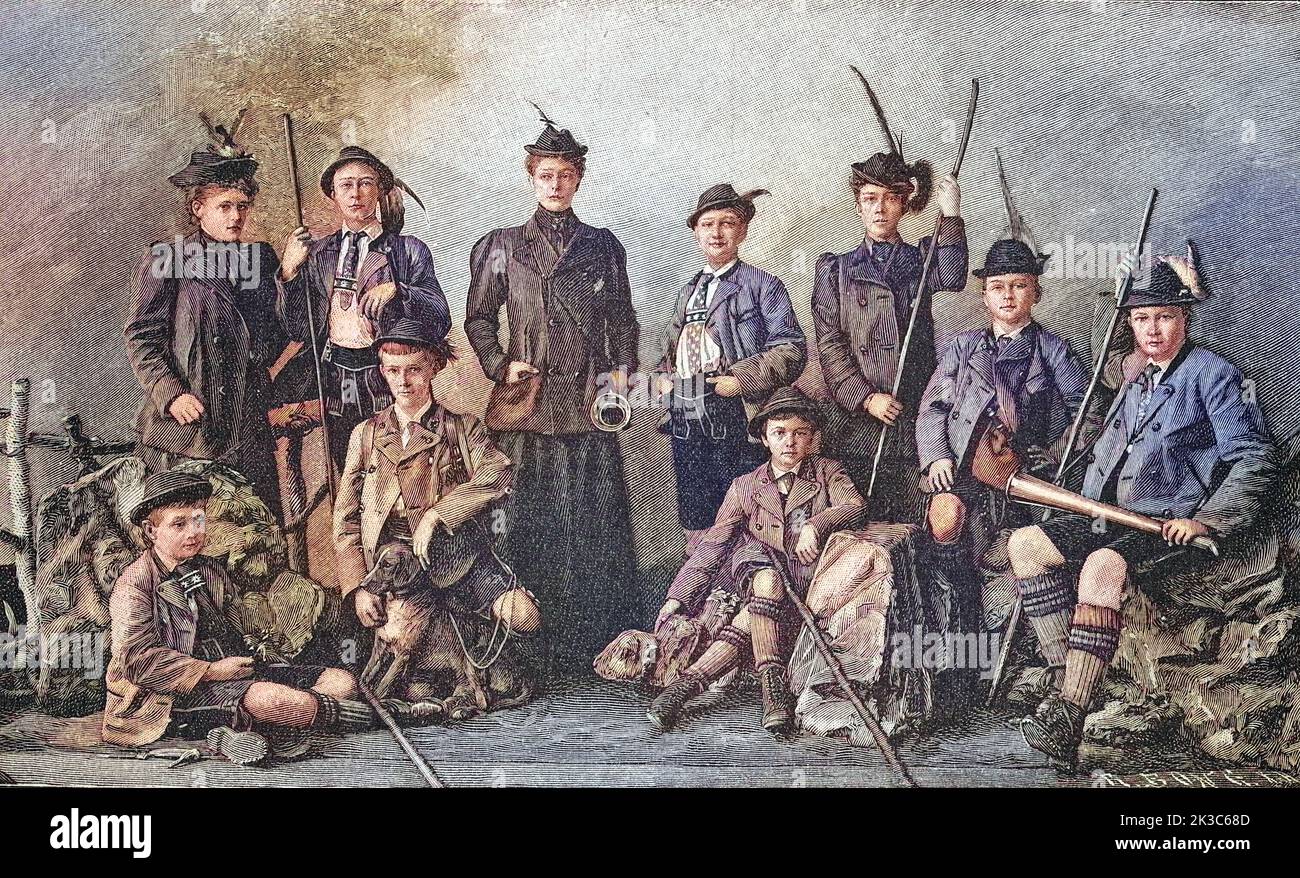 Fürstliche Sommerfrischler. Liens: Prinzessin Gabriele, Prinz Oskar, Kronprinz Wilhelm, Prinz Ludwig, Prinzessin Sophie, Prinz Fritz, Prinz Franz Joseph, Prinzessin Elisabeth, Prinz August und Prinz Adalbert, UM 1887, Deutschland / Princely visiteurs d'été. De gauche à droite : la princesse Gabriele, le prince Oskar, le prince héritier Wilhelm, le prince Ludwig, la princesse Sophie, Prince Fritz, Prince Franz Joseph, Princesse Elisabeth, Prince August et Prince Adalbert, 1887 ans, Allemagne, Historisch, digital restaurierte Reproduktion einer Originalvorlage aus dem 19. Jahrhundert, genaues Originaldatum nicht bekannt / Banque D'Images