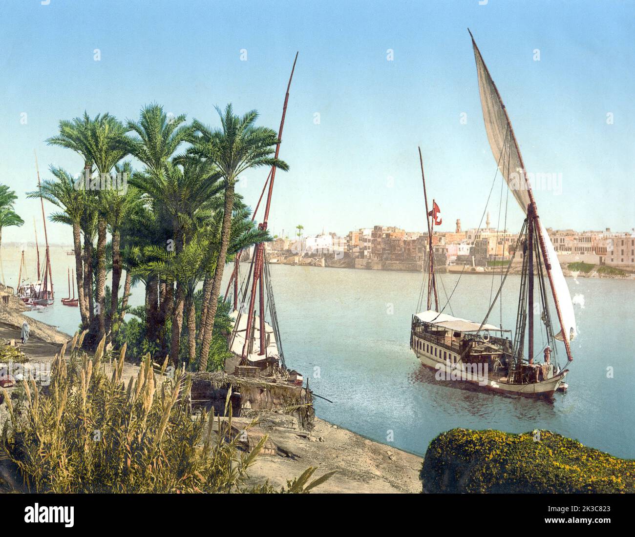 Le Caire, Egypte, Voilier sur le Nyle, Photochrome Print ca 1900. Banque D'Images