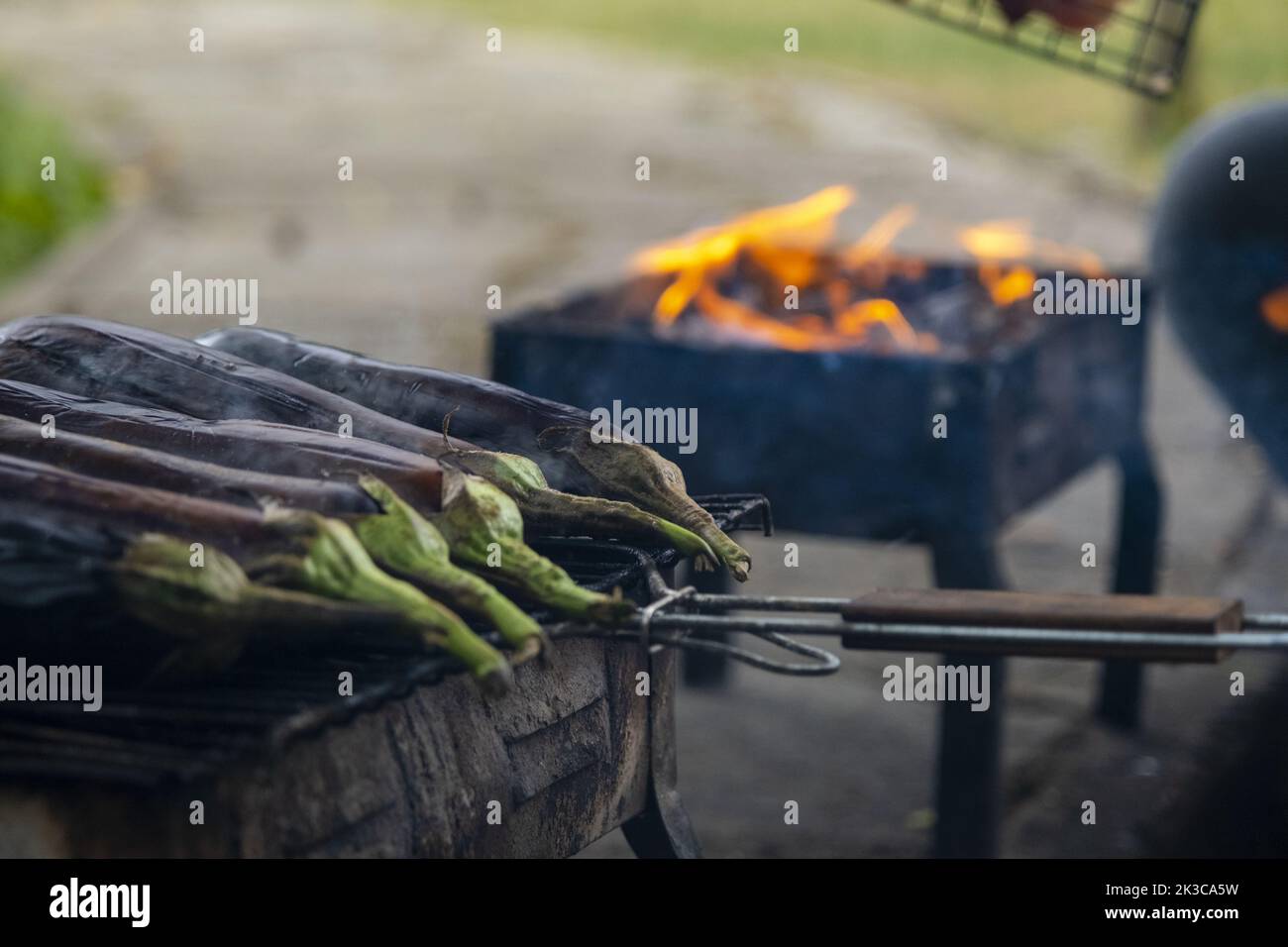 Pique-nique et barbecue turcs, aubergines rôties et feu de Membre, concentration sélective, activités de loisirs en famille, culture traditionnelle de pique-nique connue sous le nom de mangal Banque D'Images