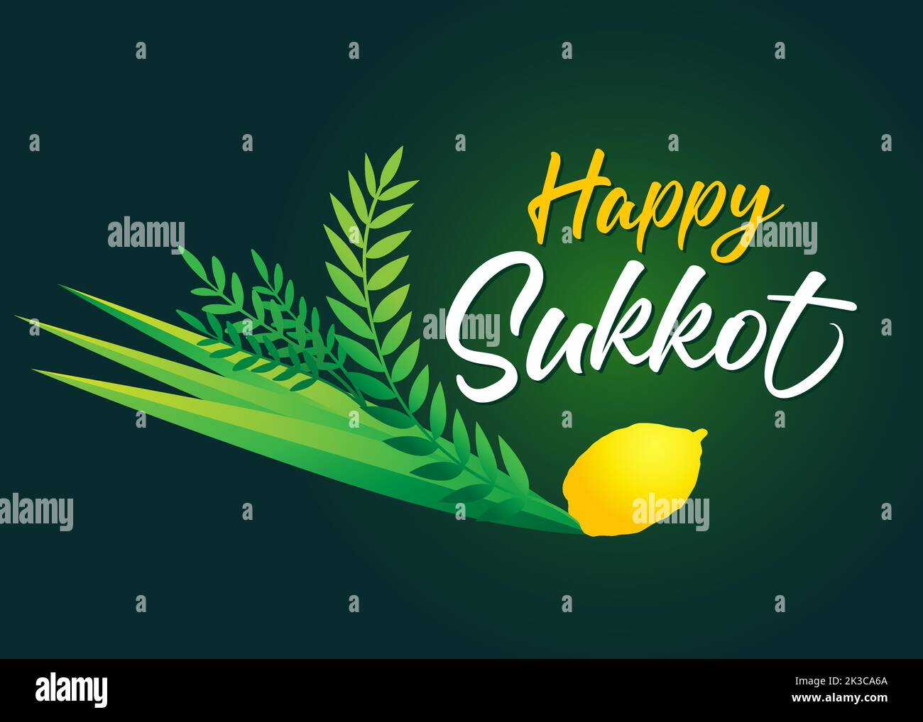 Bonne lettre de Sukkkot et lulav. Bannière juive de vacances avec etrog, lulav, hadas, arava et fond vert. Illustration vectorielle Illustration de Vecteur