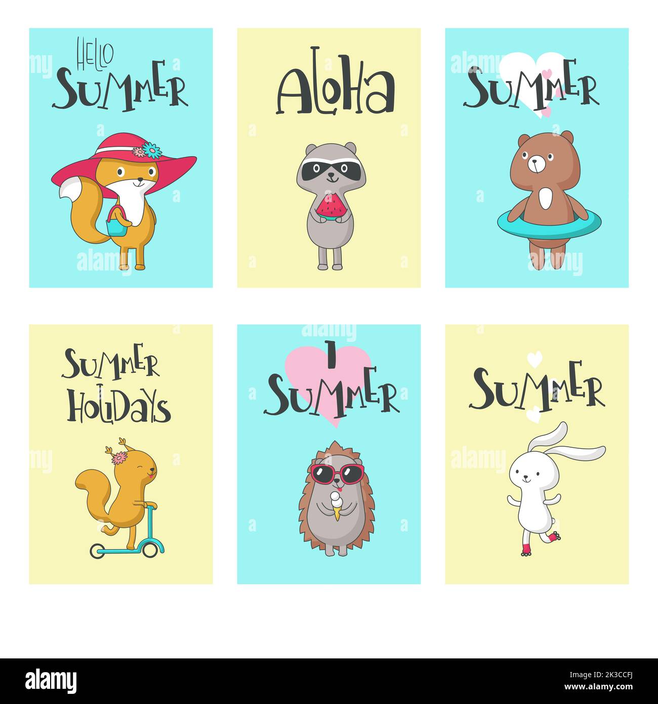 Jeu de cartes d'été, illustration vectorielle dessinée à la main. Bonjour été, aloha, j'aime l'été, vacances d'été calligraphie avec les animaux mignons écureuil, hérisson, Illustration de Vecteur