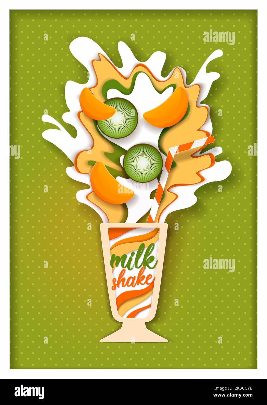 Milkshake aux fruits tropicaux. Verre vectoriel coupé en papier de boisson lactée glacée fouettée avec kiwi, mangue, éclaboussures de lait modèle de conception pour recette, menu, bannière, Illustration de Vecteur