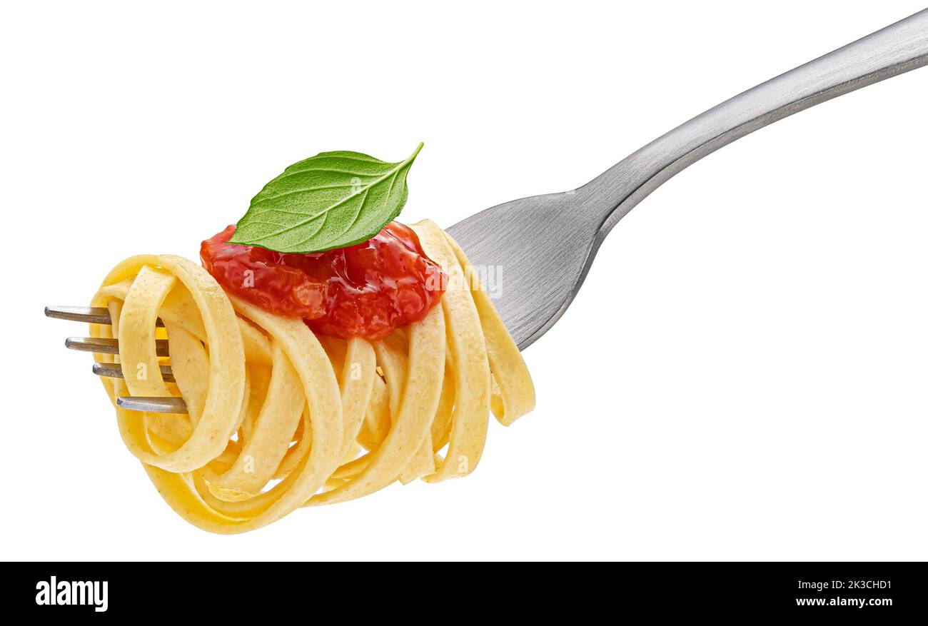 Spaghetti italiens à la fourchette isolés sur fond blanc Banque D'Images