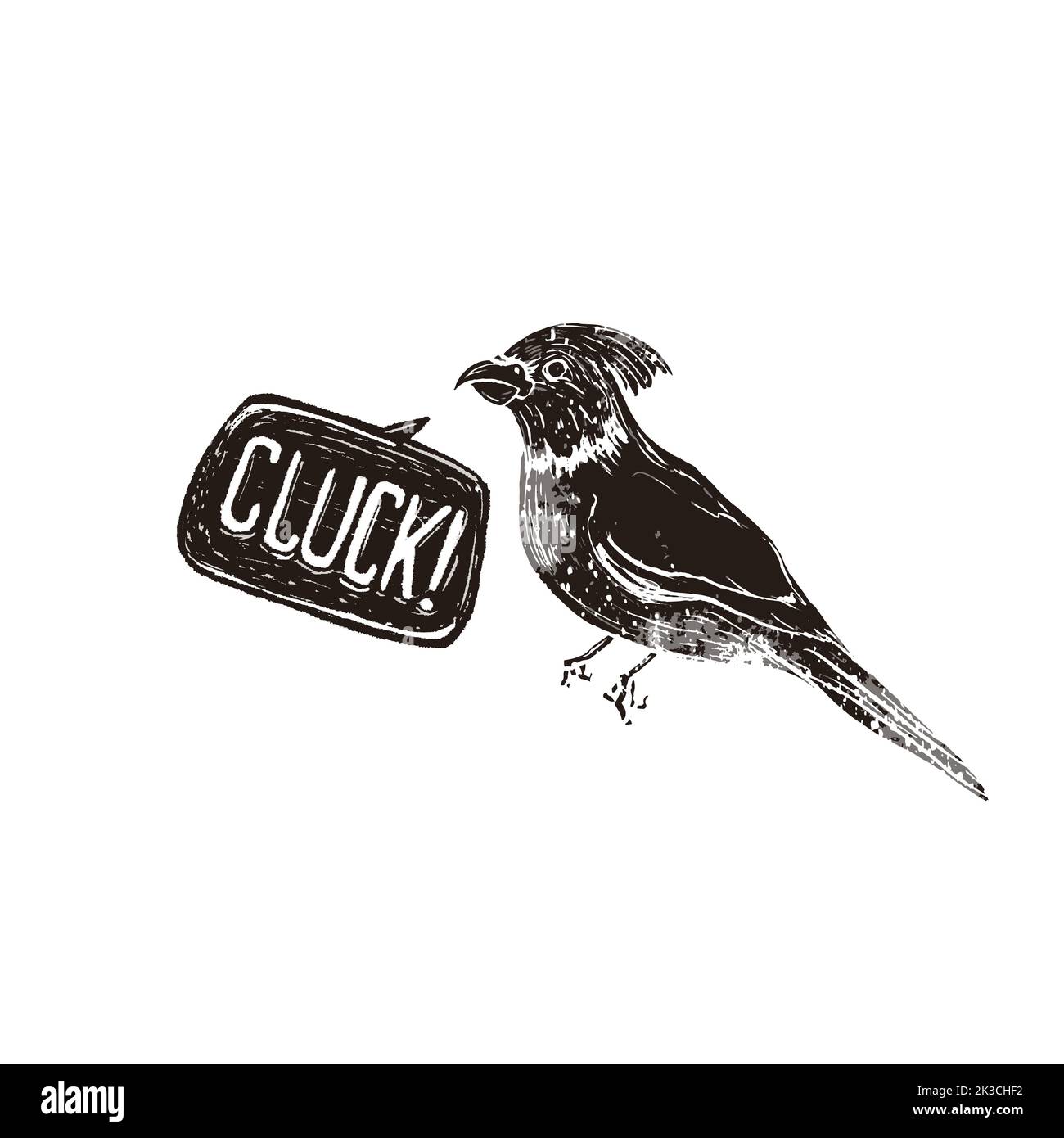 Perroquet mignon dans le style rétro de linocut, silhouette vintage d'oiseau avec bulle de parole de cluck isolée sur blanc Illustration de Vecteur