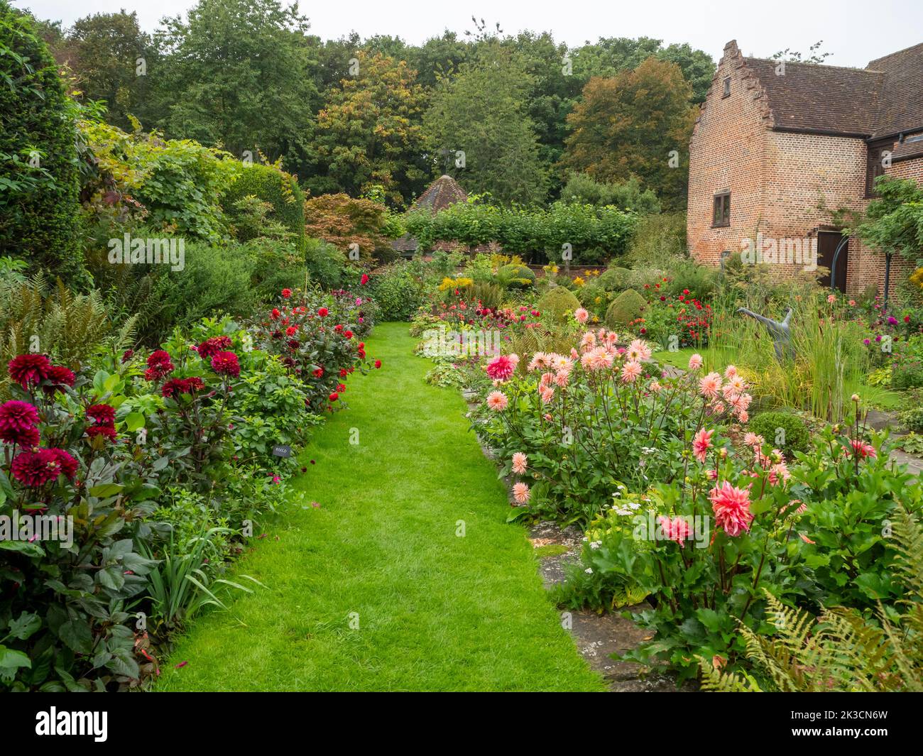 Dahlia borde le jardin en contrebas du Chenies Manor en septembre, l'ancien bâtiment tudor restauré en arrière-plan. Banque D'Images