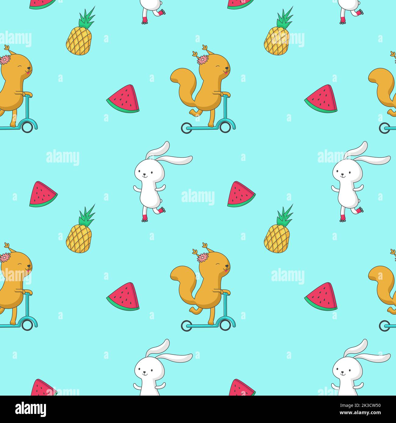 Motif été sans coutures. Vecteur animaux dessinés à la main lapin, écureuil et fruits ananas et tranche de pastèque. Illustration de Vecteur