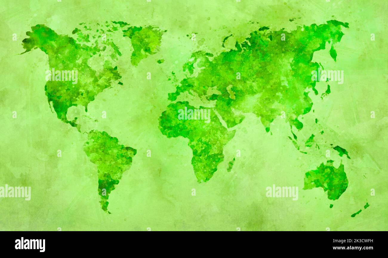 Carte du monde en vert aquarelle peinture abstrait splatters sur papier. Banque D'Images