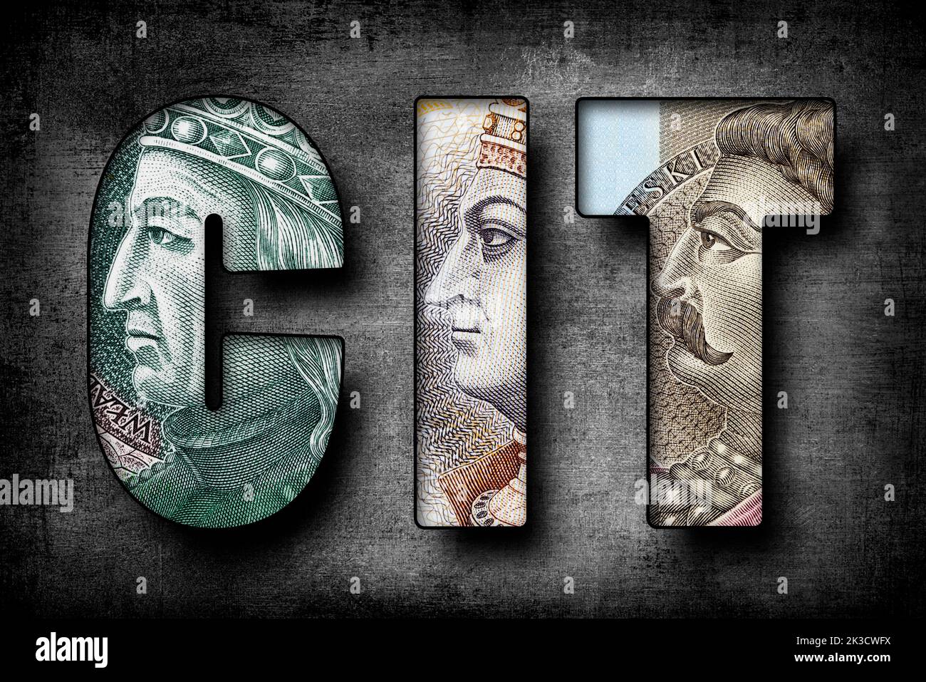 Inscription CIT (impôt sur le revenu des sociétés) texte fait de billets polonais Banque D'Images