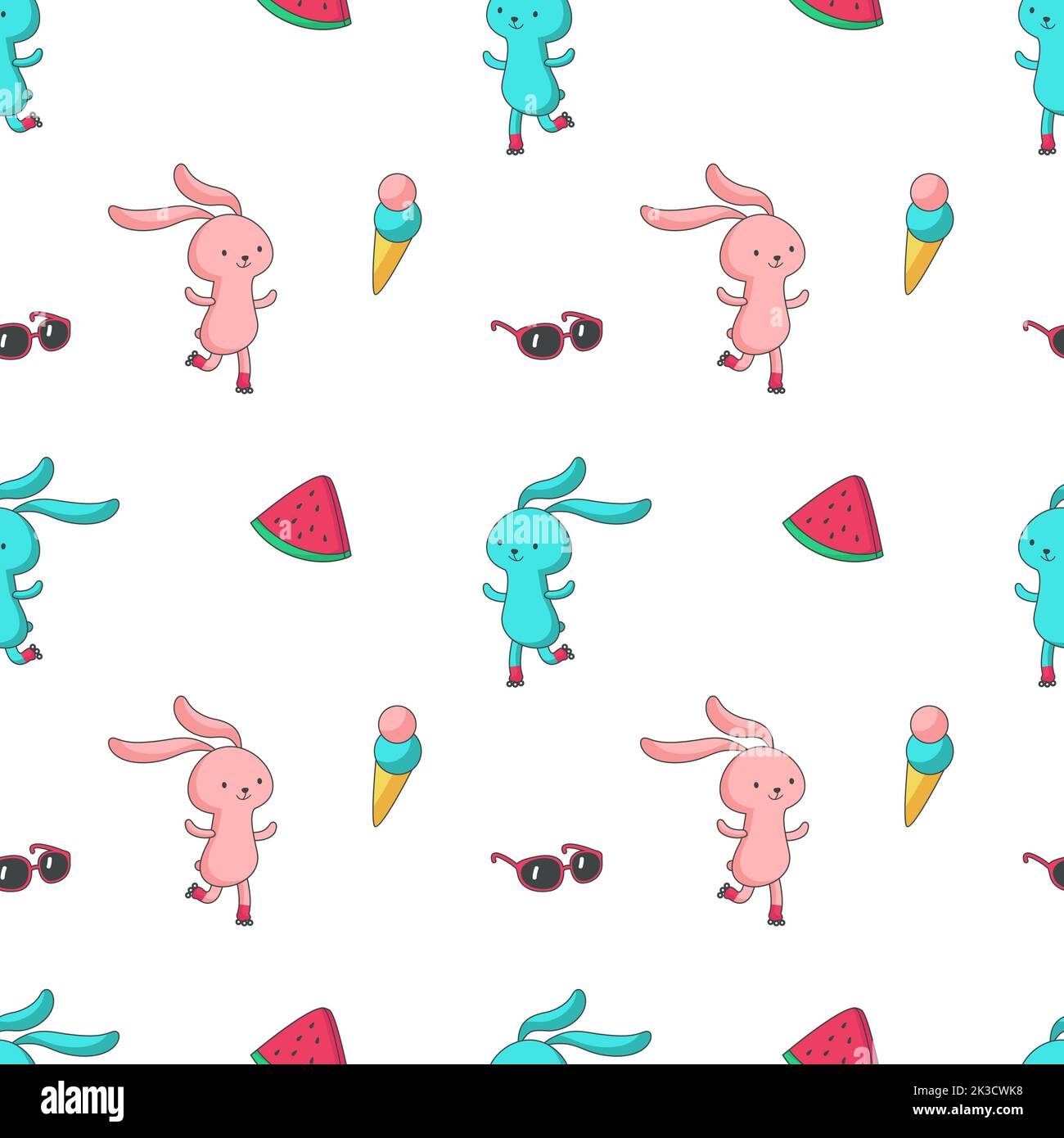 Motif été sans coutures. Lapins vectorisés à la main, lunettes de soleil, cornets de crème glacée et tranches de pastèque. Illustration de Vecteur