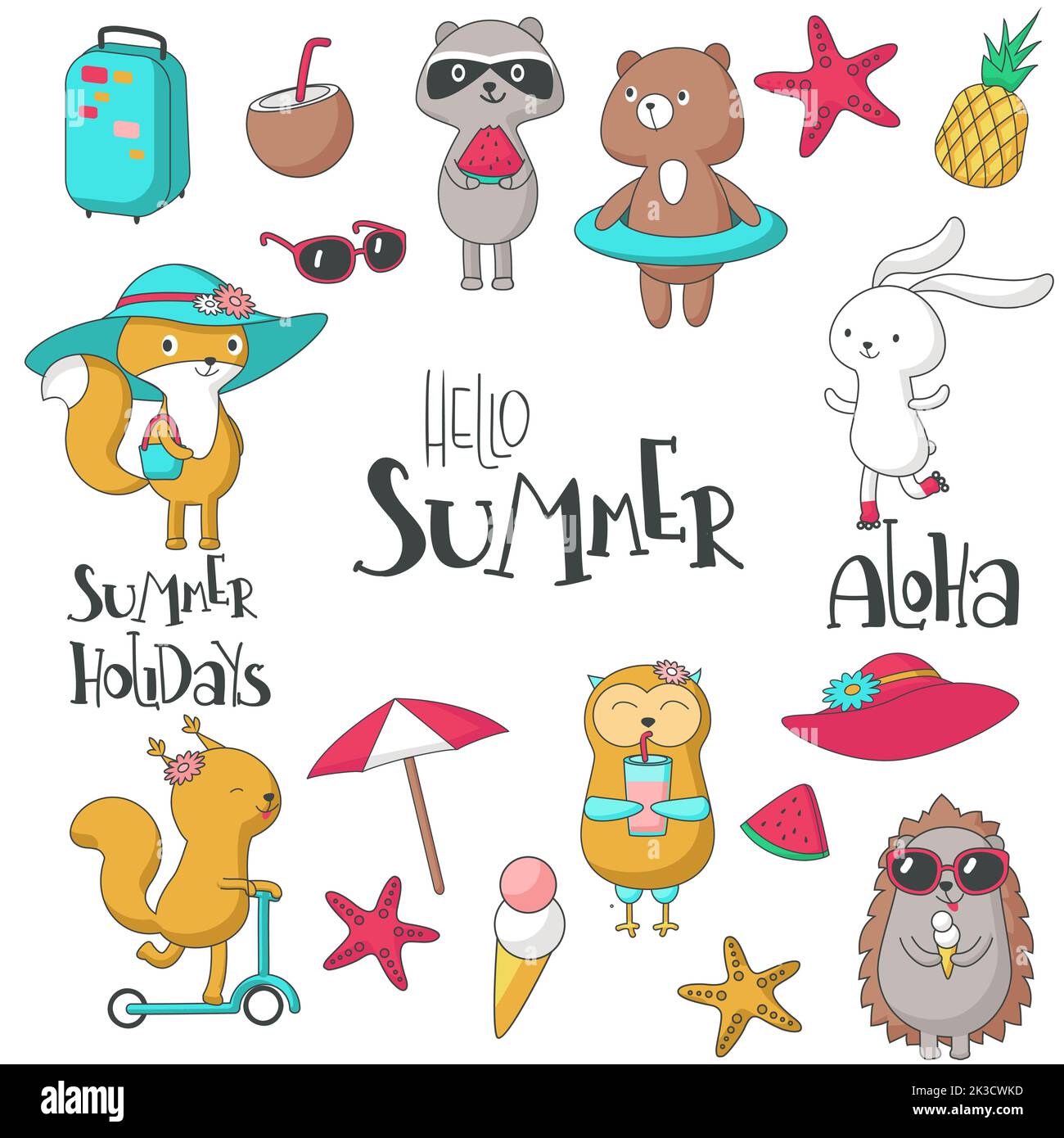 Hello Summer Icon Set avec des animaux, du texte manuscrit et des éléments d'été. Illustration vectorielle dessinée à la main isolée sur fond blanc. Illustration de Vecteur