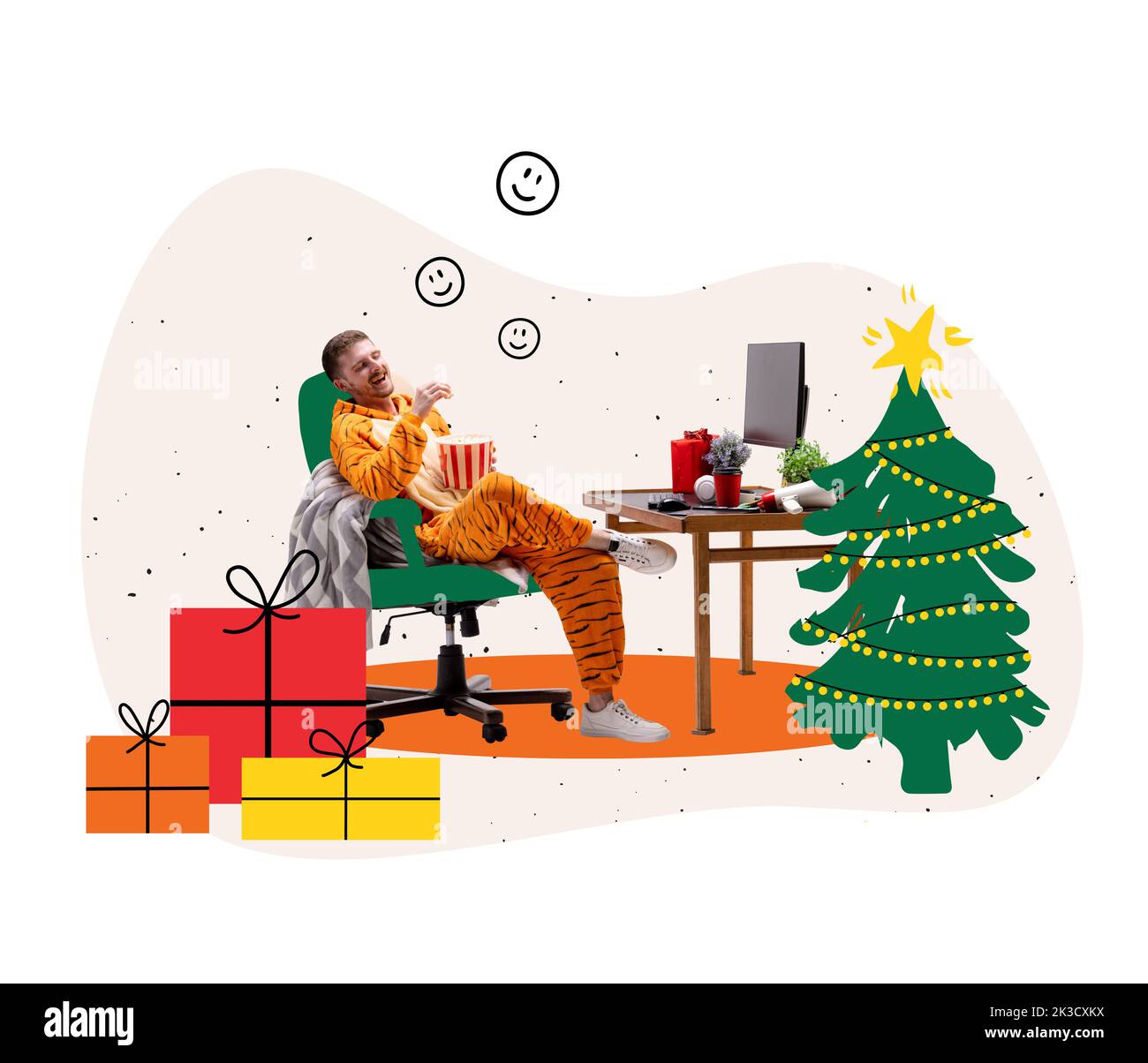 Jeune homme en costume incroyable rencontre le nouvel an en ligne avec des amis. Minimalisme coloré. Joyeux Noël, nouvel an Banque D'Images