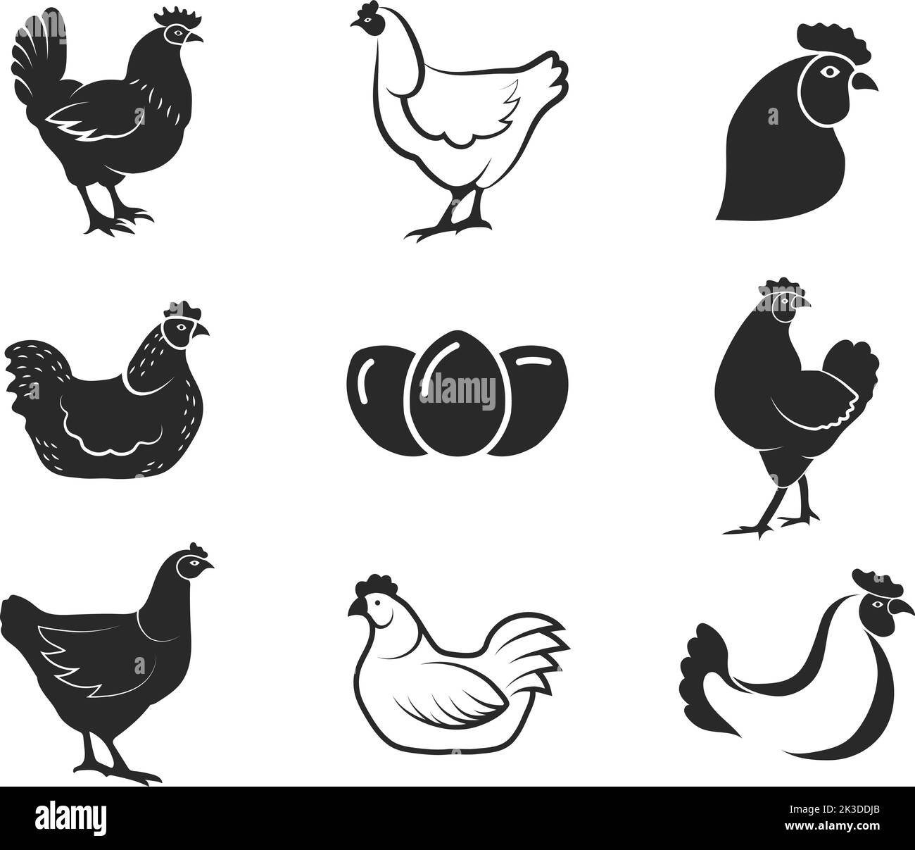 Éléments du logo poulet. Viande de poulet biologique saine et oeufs articles noirs pour l'emblème et le logo du sceau Illustration de Vecteur