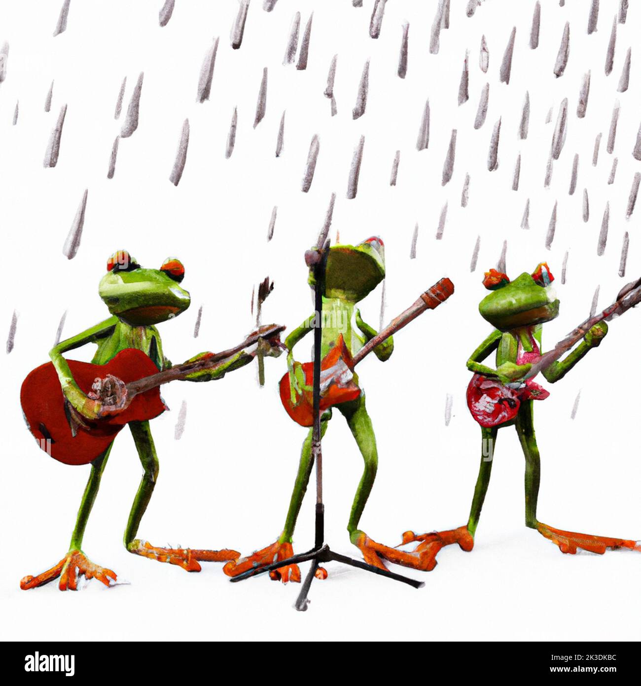grenouilles jouant de la guitare sous le dessin de pluie Banque D'Images