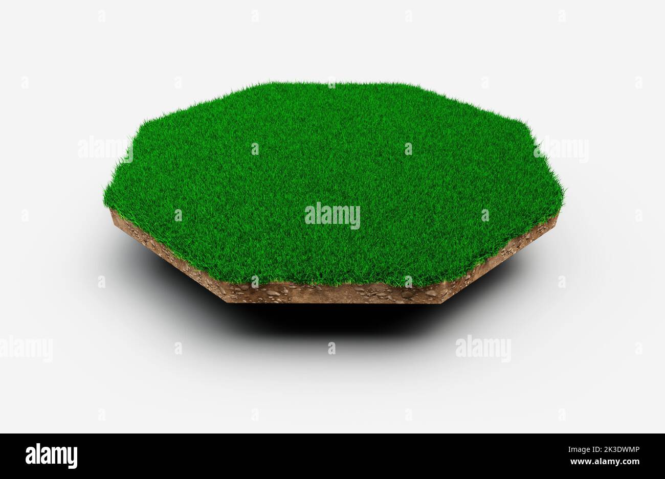 Forme octogonale géologie du sol coupe transversale avec herbe verte, boue de terre coupée isolée 3D Illustration Banque D'Images