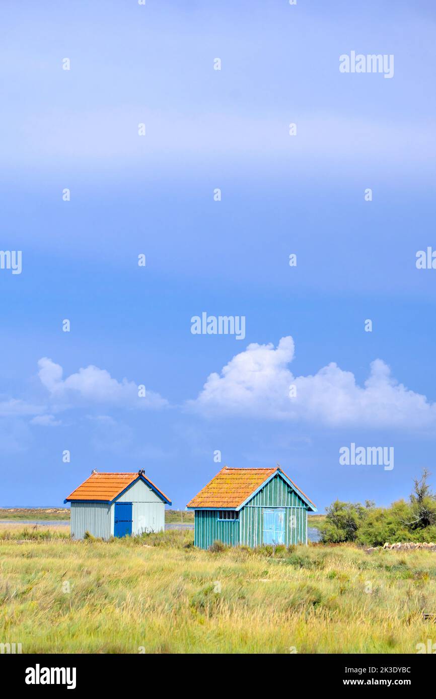 Île « Ile d’Oléron » (au large des côtes de l’ouest de la France) : huttes sur le site du fort Royer. Huttes d'huîtres traditionnelles colorées en bois le long d'une chann Banque D'Images