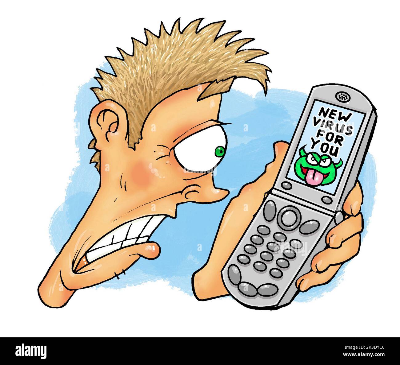 Dessin animé art, l'homme regarde l'écran de téléphone il dit "nouveau virus pour vous" illustrant le concept de virus de logiciel, adware, ransomware, spyware, cheval de troie Banque D'Images