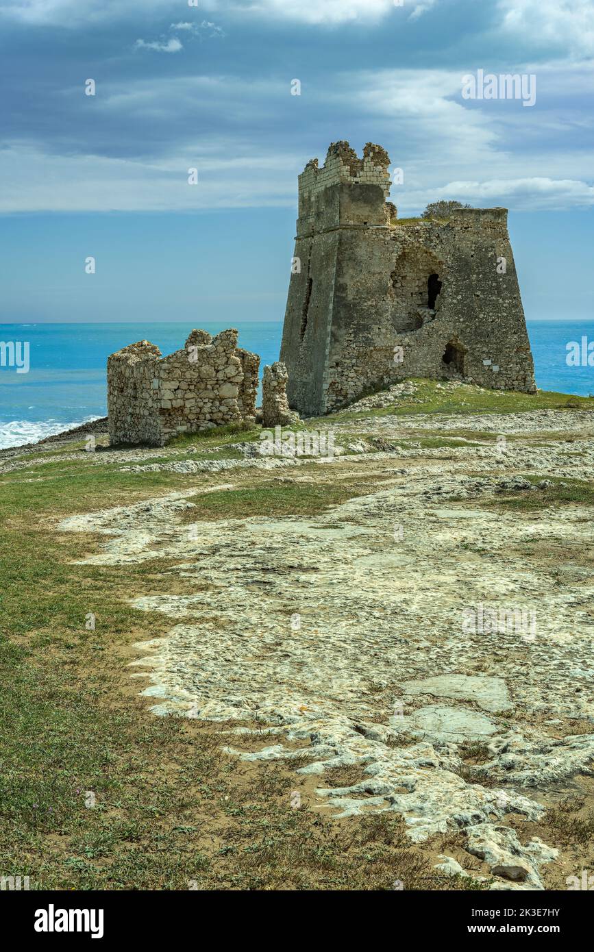 Ruines d'une des tours de guet sur la mer dans le Gargano. Peschici, province de Foggia, Puglia, Italie, Europe Banque D'Images