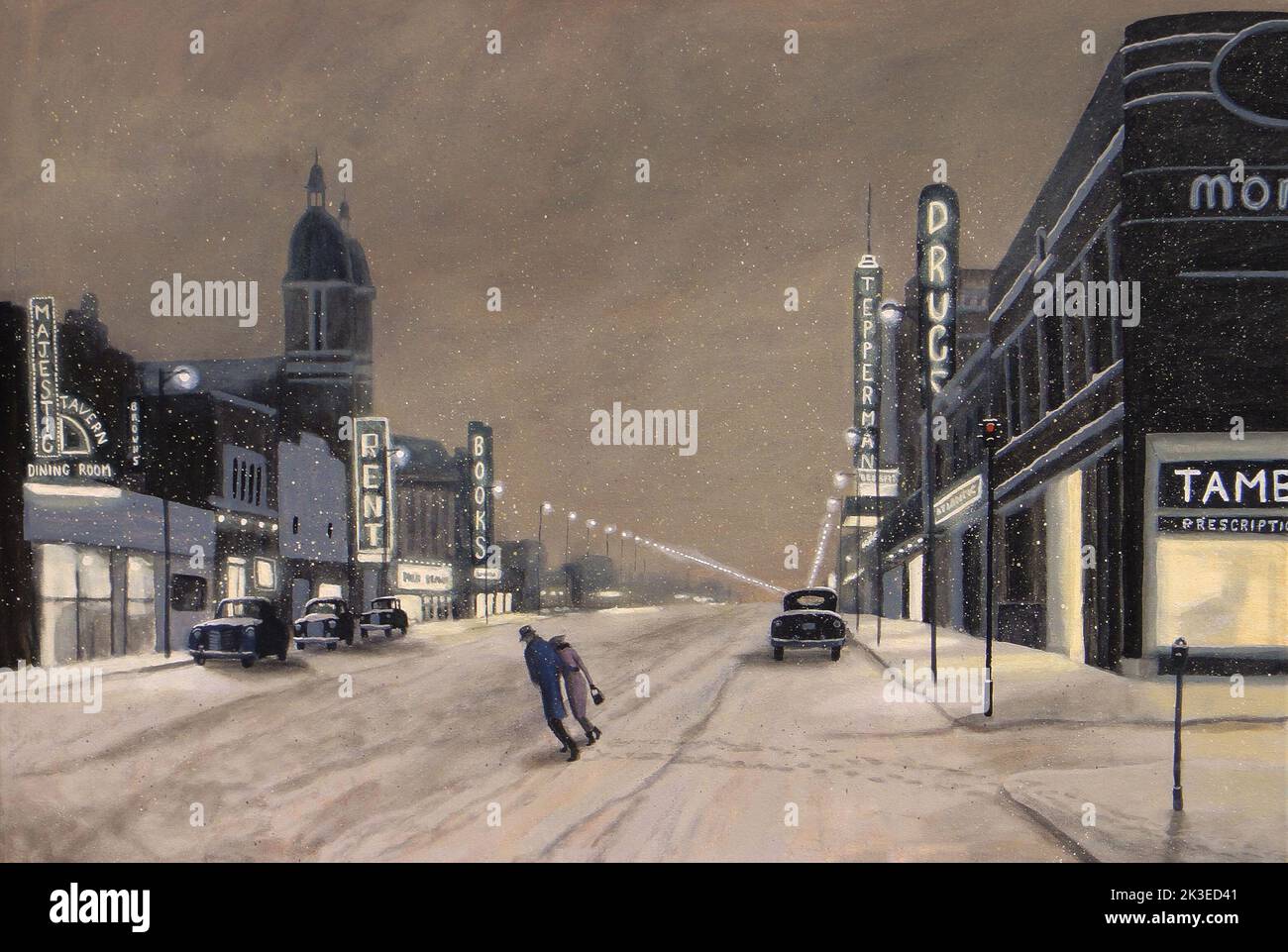 Scène vintage 1950s d'une nuit enneigée dans les rues de Windsor, Ontario. Banque D'Images