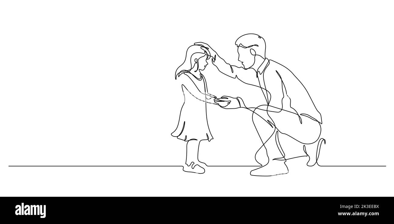 le père s'agenouille et frotte doucement sa fille sur la tête dans une illustration vectorielle en ligne continue Illustration de Vecteur
