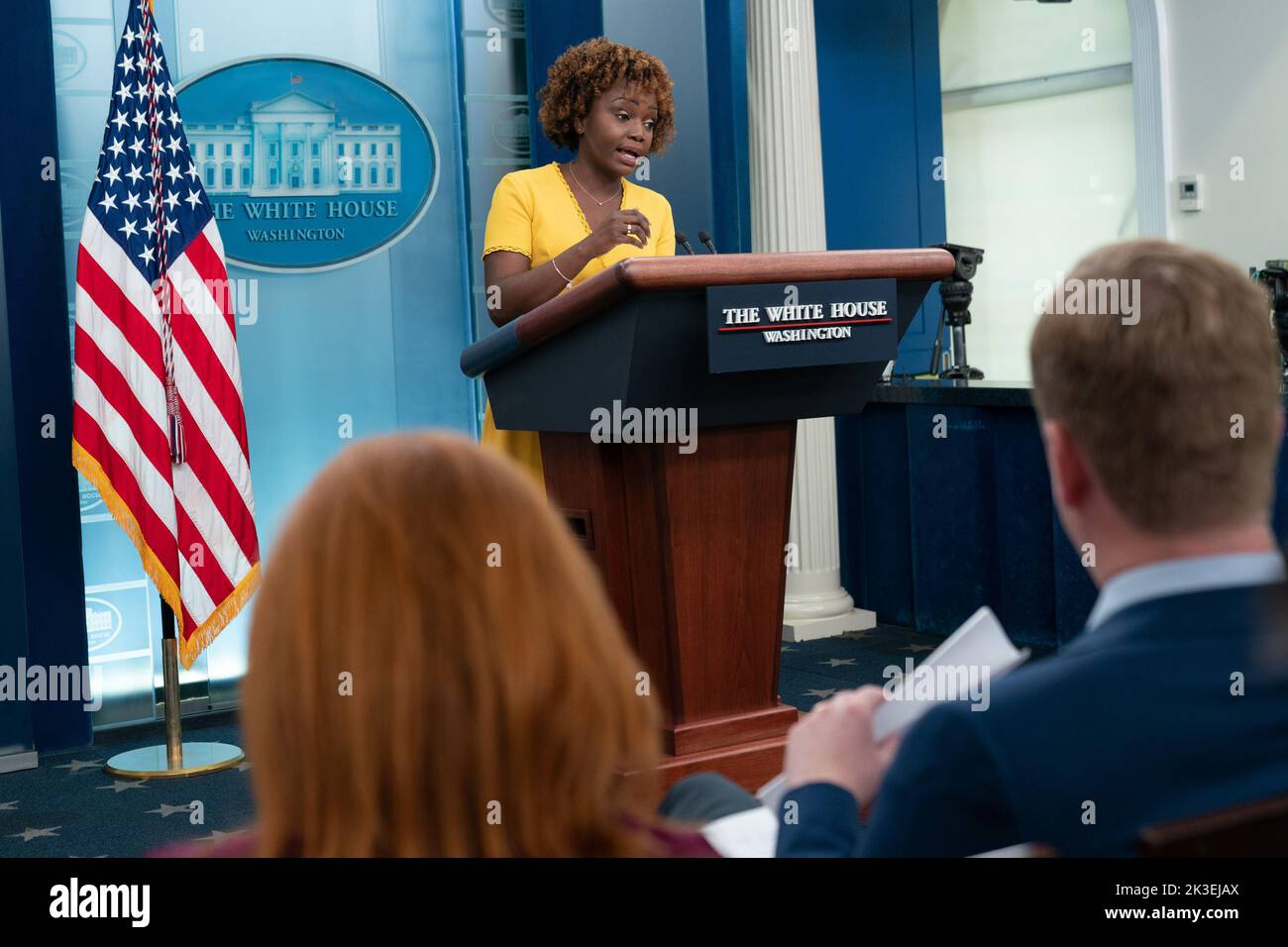 Washington, États-Unis. 26th septembre 2022. Le secrétaire de presse de la Maison Blanche, Karine Jean-Pierre, tient lundi à 26 septembre 2022 une réunion d'information à la Maison Blanche à Washington. Photo de Chris Kleponis/UPI crédit: UPI/Alay Live News Banque D'Images