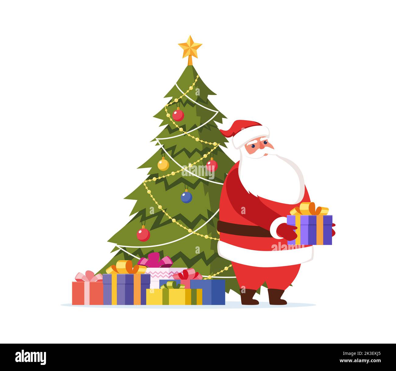 Adorable personnage du Père Noël avec cadeau entre ses mains et arbre de noël décoré derrière lui. Carte de joyeux Noël et de bonne année, bannière. Vecteur Ill Illustration de Vecteur