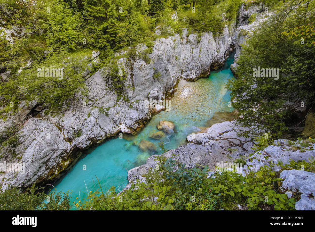 Bleu vif de la rivière Soca dans le parc national de Triglav, Alpes juliennes, Slovénie Europe Banque D'Images