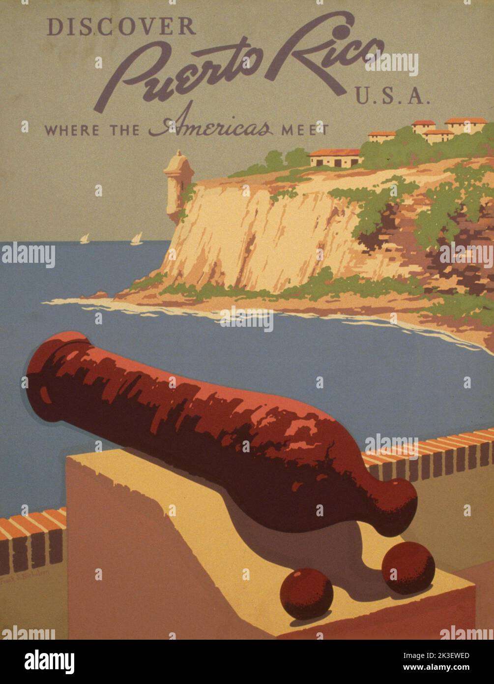 Découvrez Porto Rico États-Unis où les Amériques se rencontrent, affiche de voyage vintage de Frank S. Nicholson. CA.1930-1940 Banque D'Images