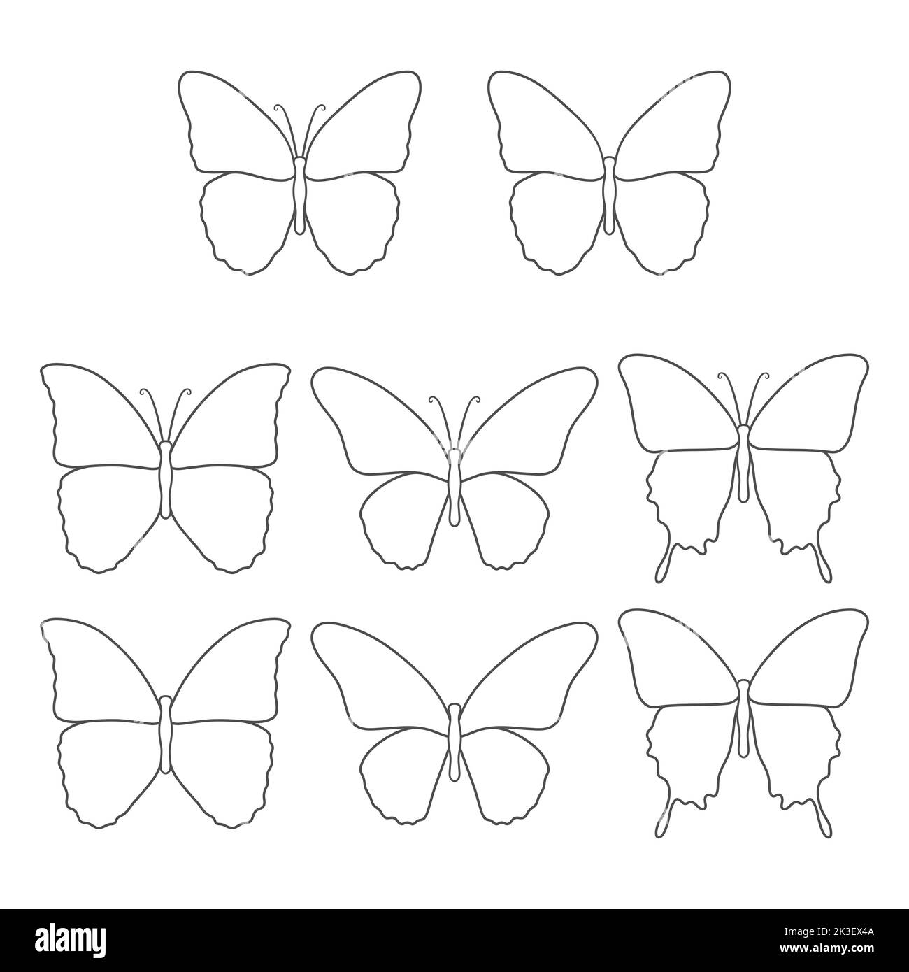 Jeu d'illustrations en noir et blanc avec un papillon. Objets vectoriels isolés sur fond blanc. Illustration de Vecteur