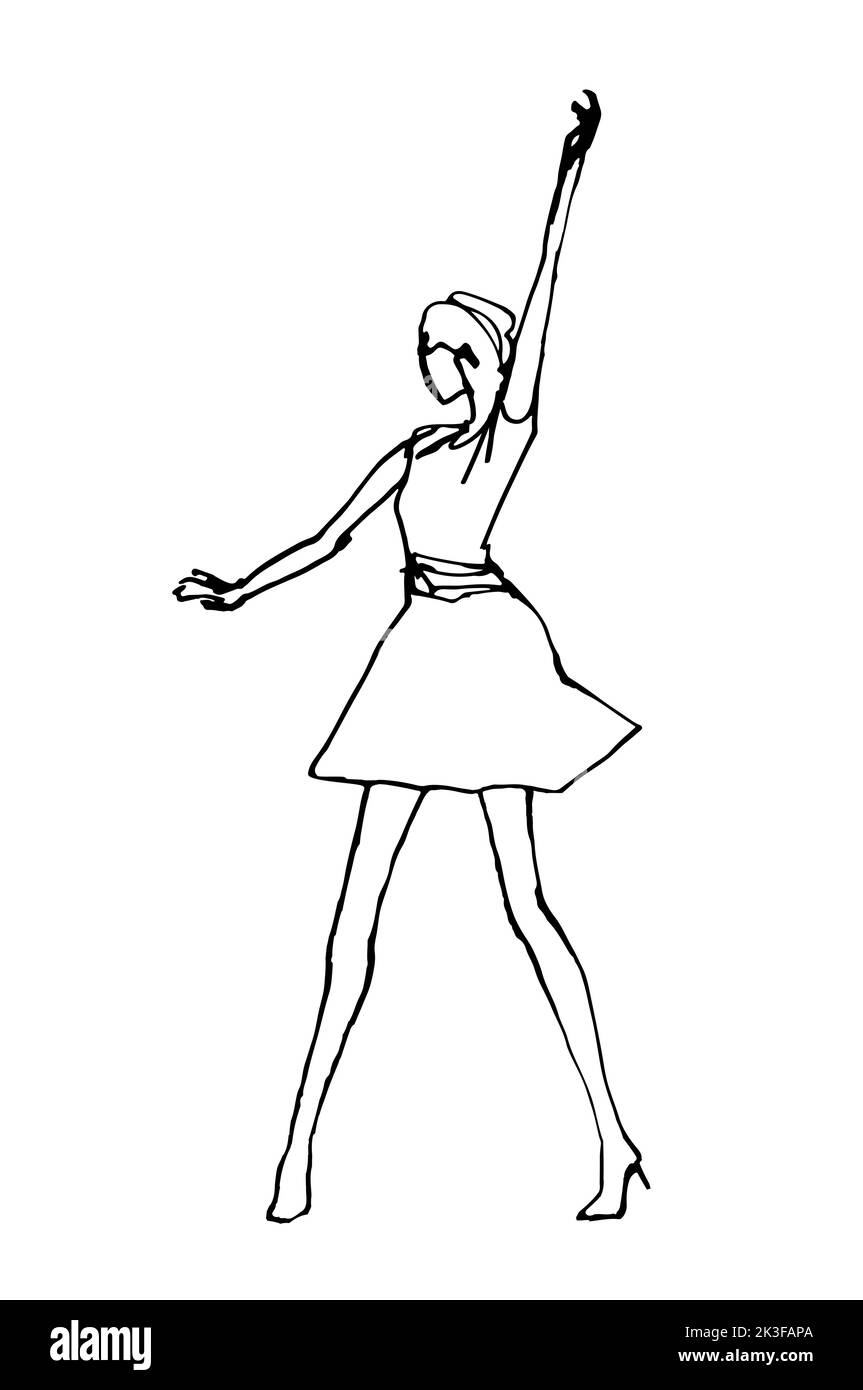 Femme dessinée à la main dansant, dessin de clipart de vecteur minimalis, ligne noire isolée sur blanc Illustration de Vecteur