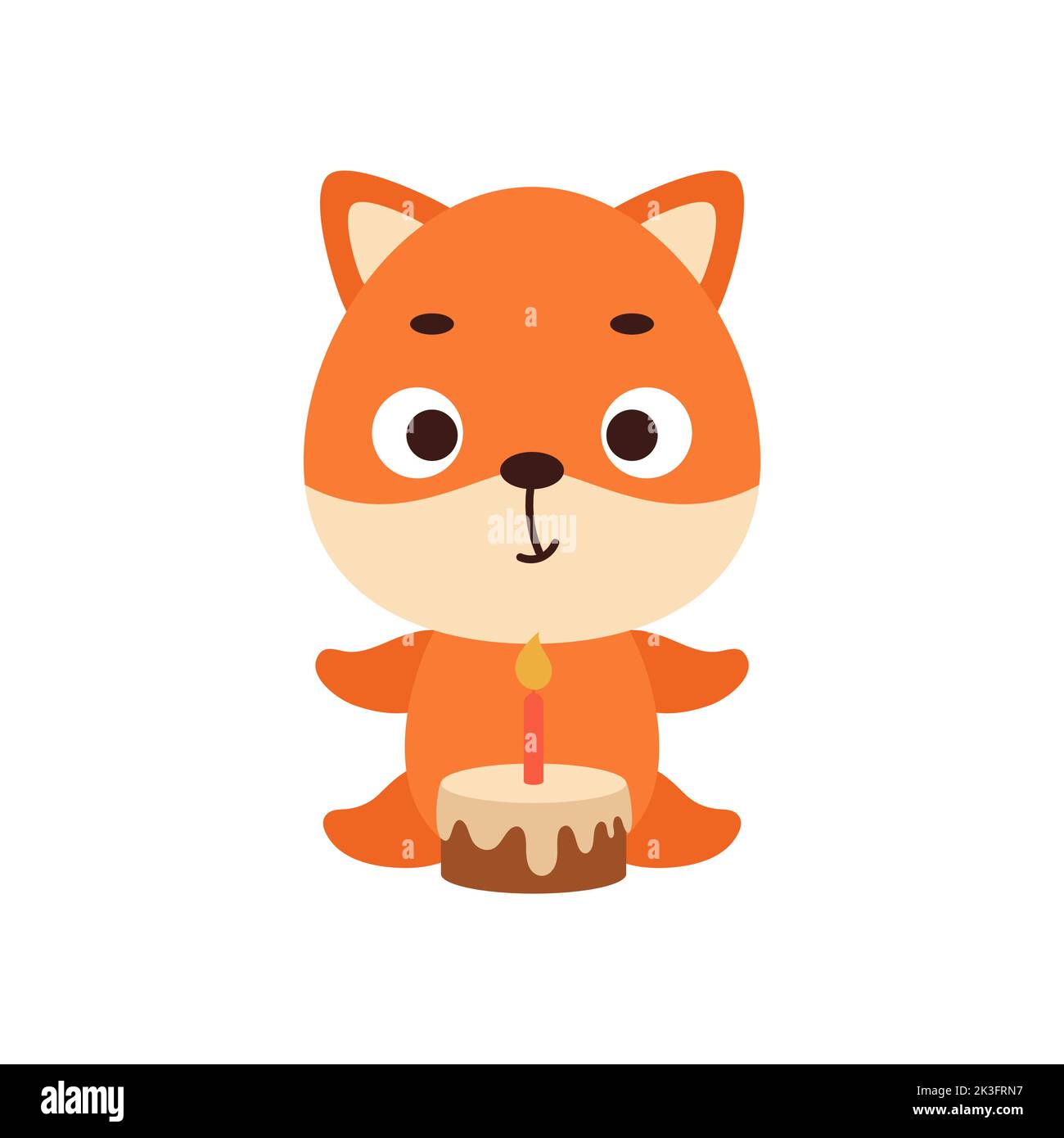 Joli petit renard avec gâteau d'anniversaire sur fond blanc. Personnage animal de dessin animé pour enfants cartes, douche de bébé, invitation, affiche, composition de t-shirts, Illustration de Vecteur