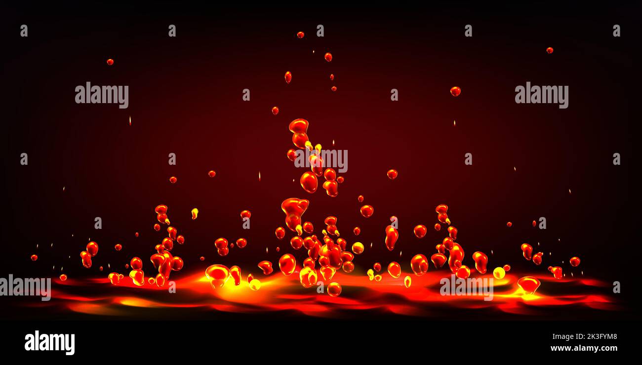 Éclaboussures de lave liquide chaud avec gouttes rouges volantes. Arrière-plan abstrait de la surface du magma fondu avec éclaboussures. Texture fluide orange avec bulles montantes, illustration réaliste vectorielle Illustration de Vecteur