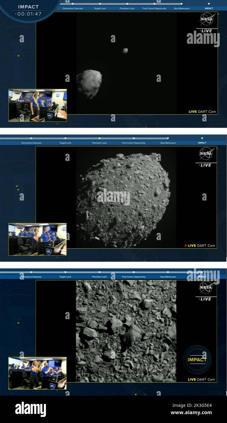 Washington, États-Unis. 26th septembre 2022. Dans cette image combinée, la mission DART de la NASA est à quelques minutes, puis secondes awaau avant d'avoir un impact sur l'astéroïde Dimorphos dans un flux en direct lundi, 26 septembre 2022. La mission DART (Double astéroïde Redirection Test) a été lancée sur un Falcon SpaceX il y a 9 mois et est un projet conjoint de la NASA et du Johns Hopkins Applied Physics Lab dans le Maryland. Les ingénieurs regardent en bas à gauche. Crédit : UPI/Alay Live News Banque D'Images