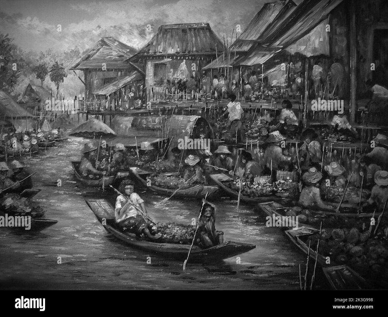 Peinture d'art couleur d'huile marché flottant Thaïlande , noir et blanc , monochrome Banque D'Images