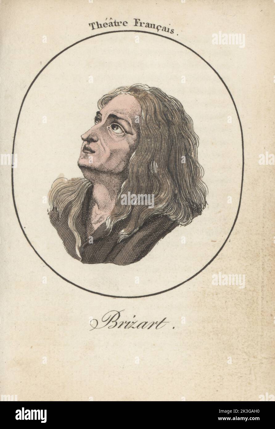 Jean-Baptiste Britard ou Brizard, acteur français, 1721-1791. Interprété dans des pièces de Voltaire, Molière, racine et Corneille. Brizart. Théâtre français. Gravure en crépi de couleur main d'après Jacques Grasset Saint-Sauveur d'acteurs et Actrices Célébres, acteurs et actrices célèbres, chez Latour, Paris, 1808. Banque D'Images