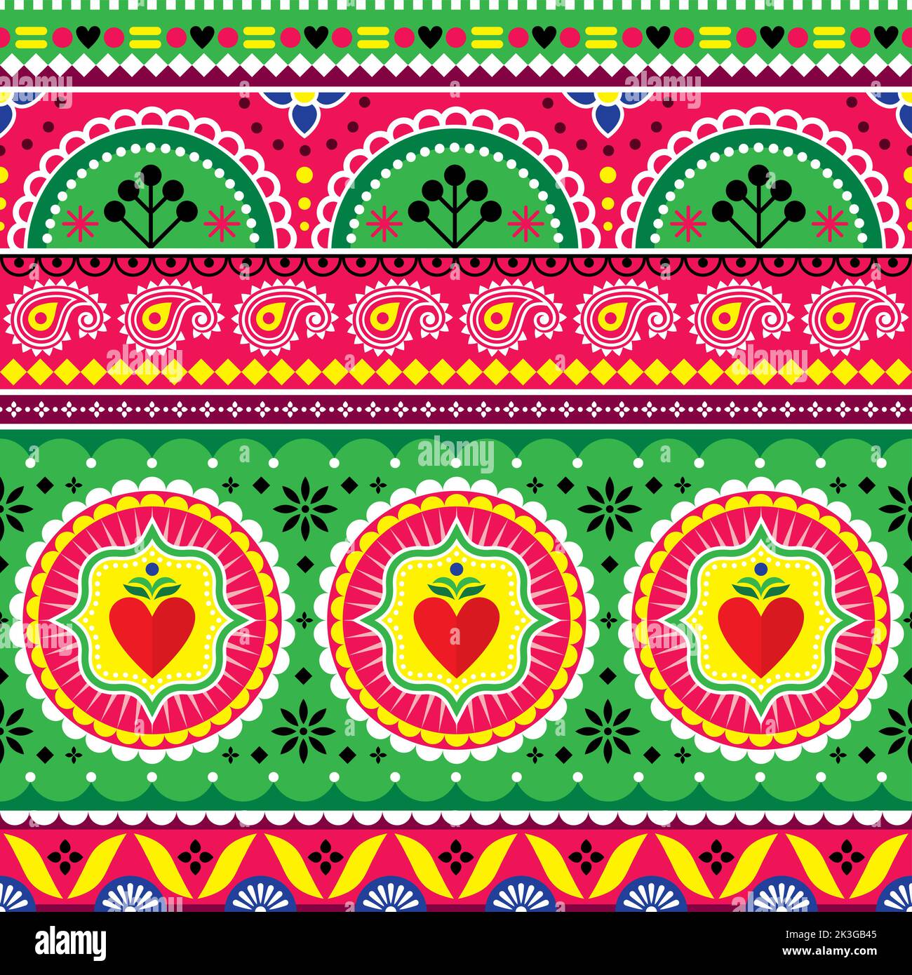 Motif vectoriel d'art pakistanais ou indiens avec coeurs et fleurs, motif fleuri de camion de jingle Illustration de Vecteur