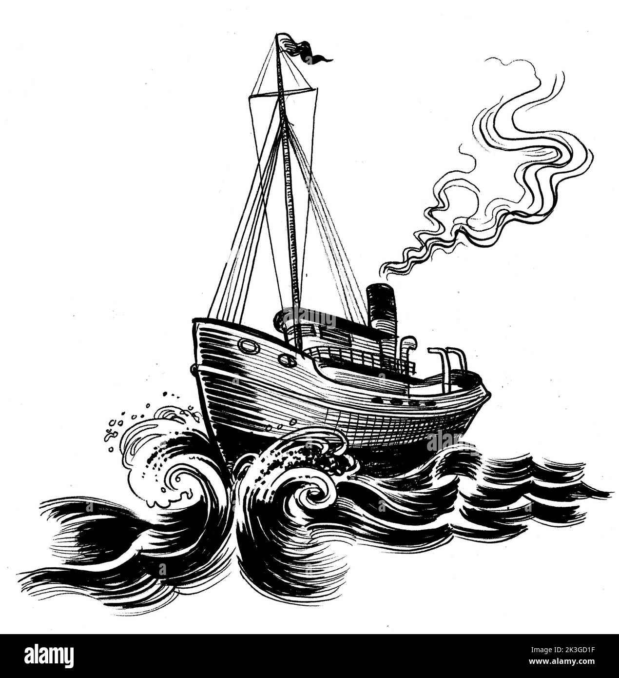 Vieux remorqueur dans la mer. Dessin noir et blanc Banque D'Images