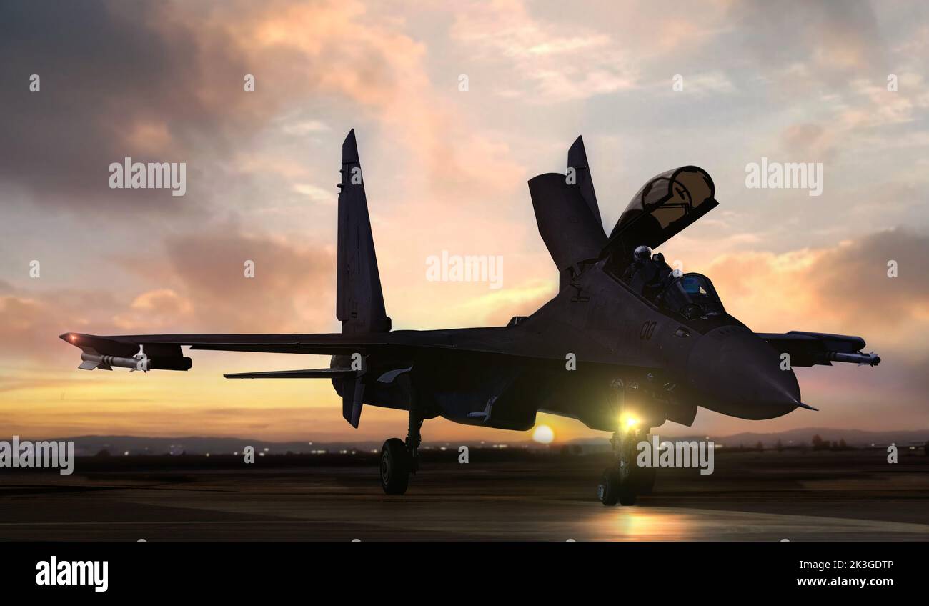 Un avion de chasse sur le terrain d'aviation de la base aérienne se prépare à partir au coucher du soleil Banque D'Images